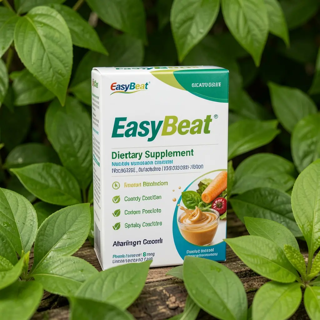 EasyBeat dietary supplement package displayed on a natural background with green leaves